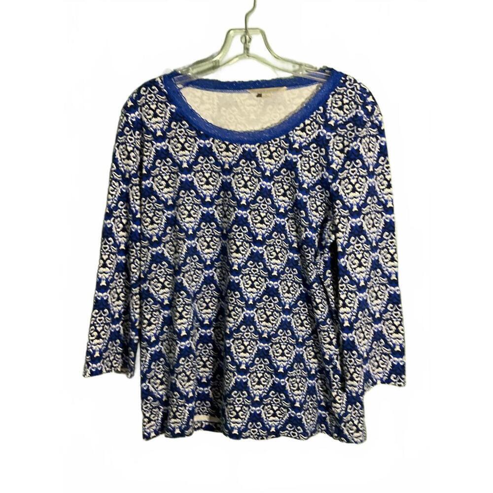 Laura Ashley Stylish Blue and White Printed Elbow length Sleeve Top Large